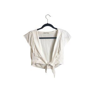Pull&Bear White Linen Tie-Front Top